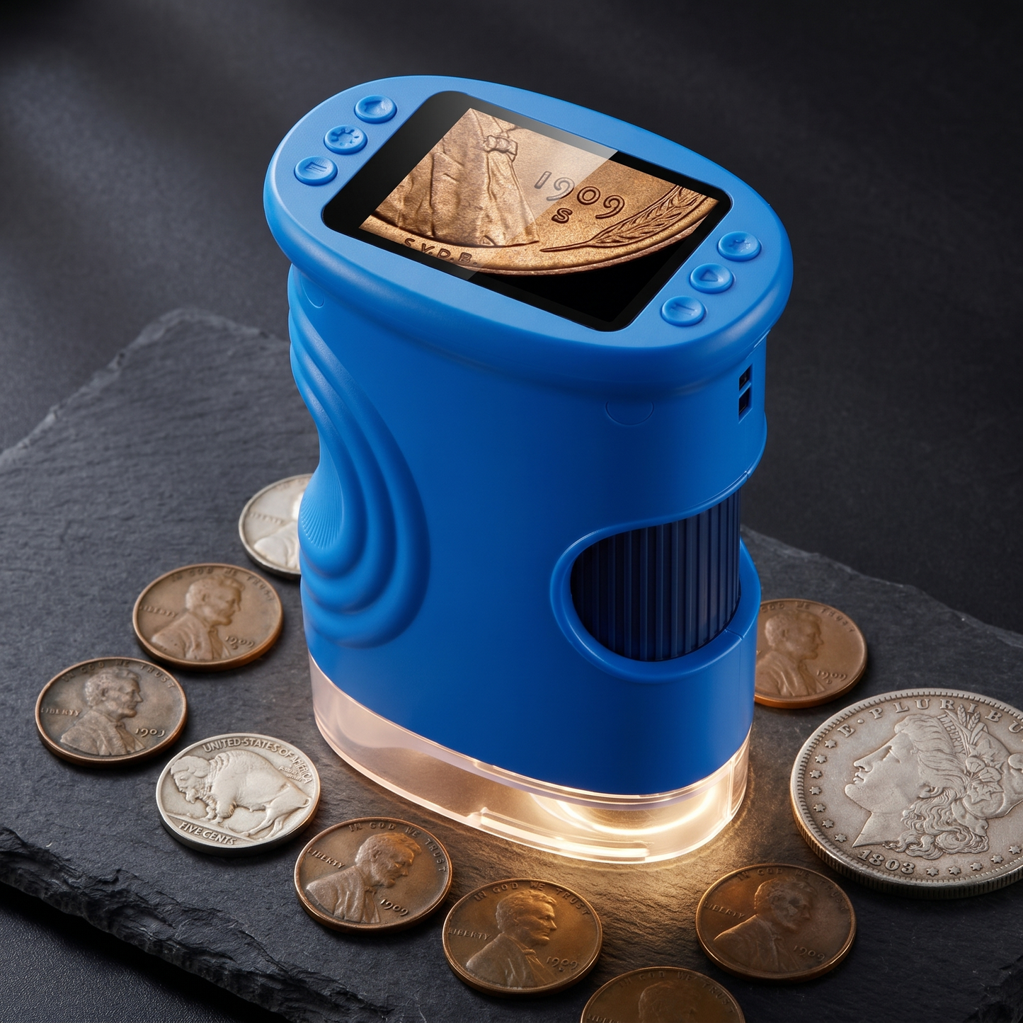PRO SoftGlow scope reading old coins: buffalo nickel, Morgan dollar, cents