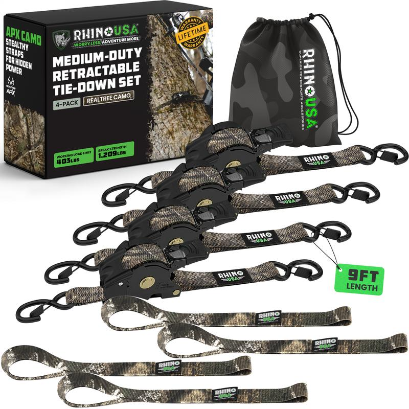 Camo 4-pack retractable ratchet tie-down straps with storage bag