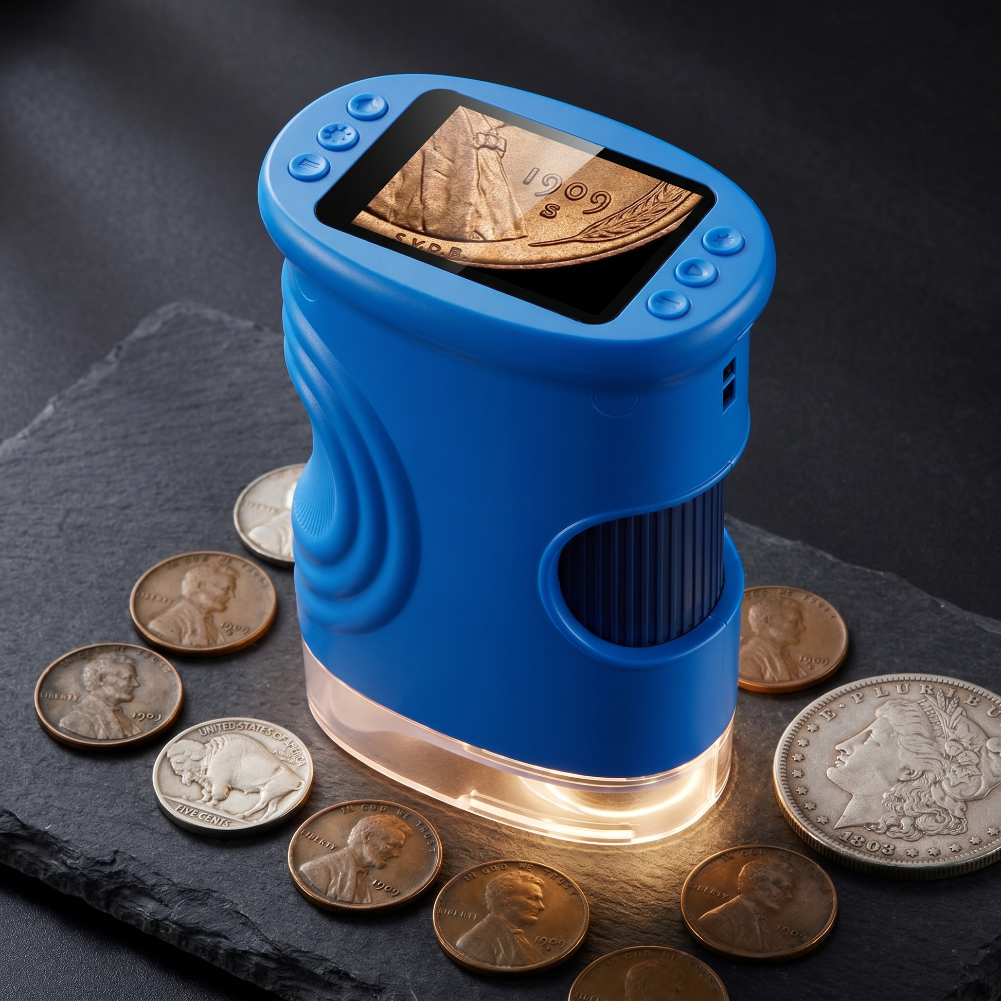 PRO SoftGlow scope reading old coins: buffalo nickel, Morgan dollar, cents
