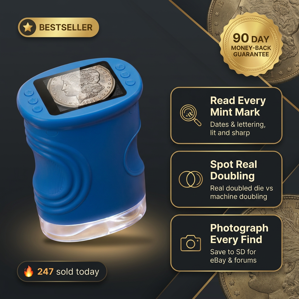 Digital Coin Microscope hero benefit card: read mint marks, spot real doubling, photograph every find