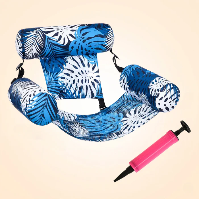 Blue fabric pool lounge chair with hand pump