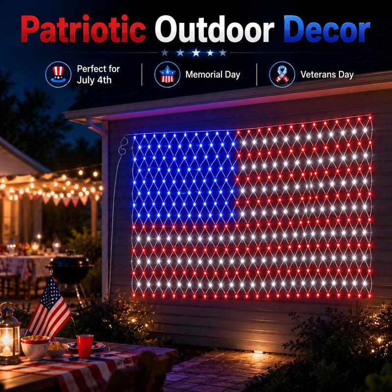 Patriotic outdoor decor scene with the American Flag LED net light