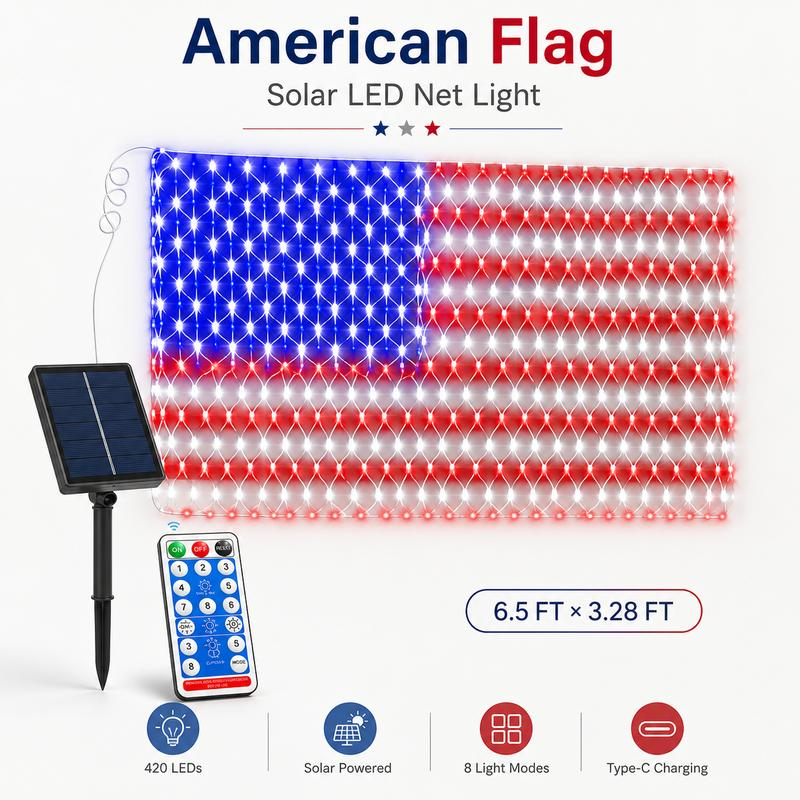 American Flag LED net light packout and size diagram