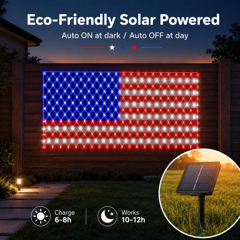Solar powered American Flag LED net light on an outdoor fence