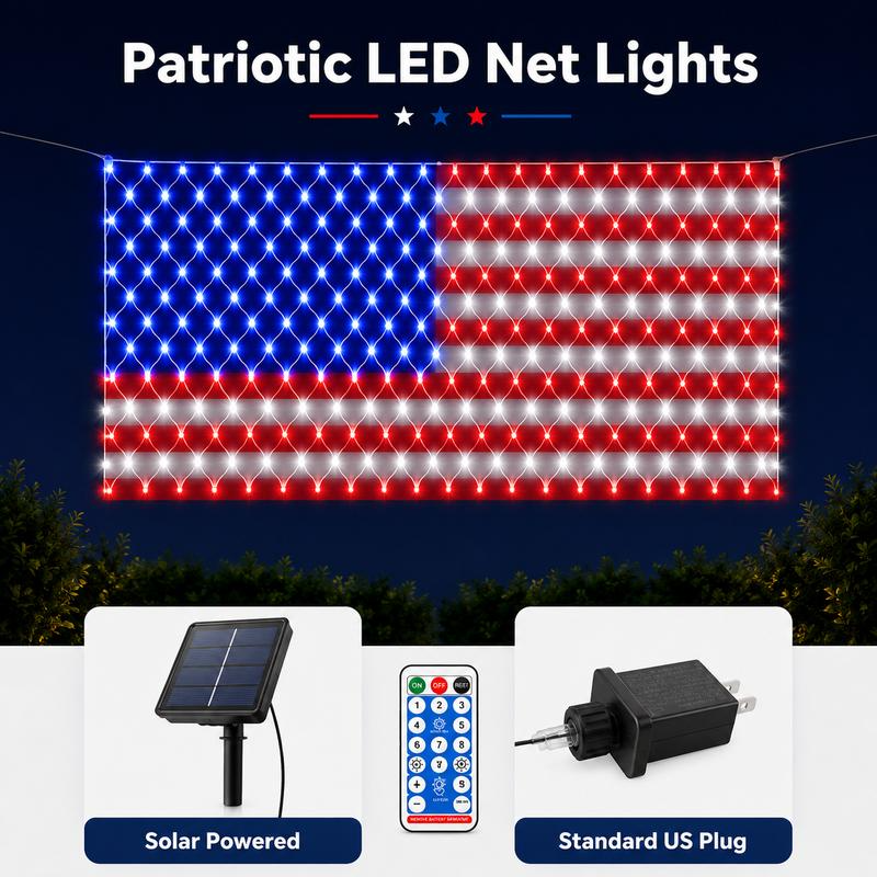 American Flag LED net light with solar panel and plug option