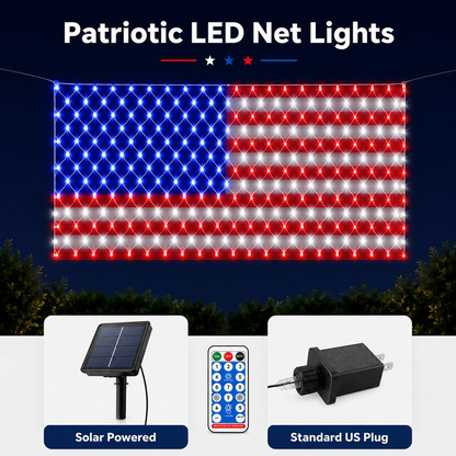 American Flag LED net light with solar panel and plug option