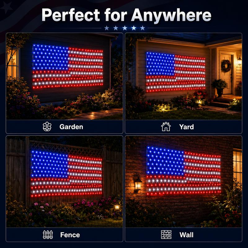 American Flag LED net light placement examples for garden yard fence and wall