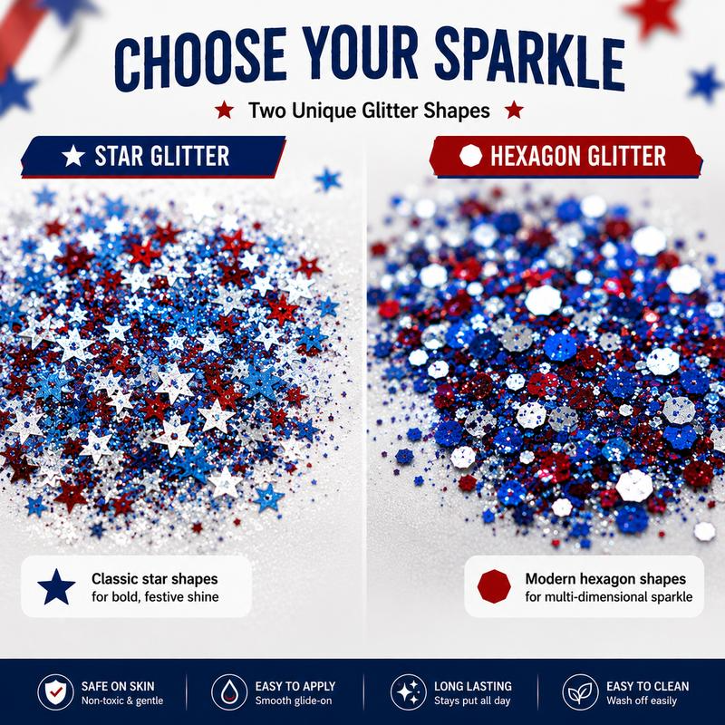 Star and hexagon red white and blue glitter shapes