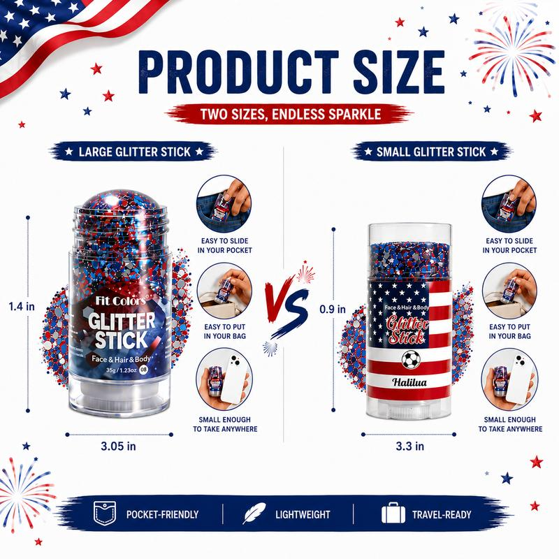 Patriotic glitter stick product size comparison