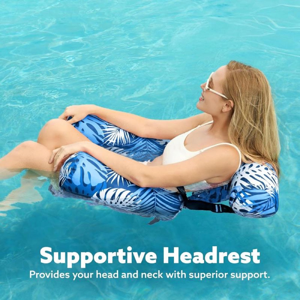 Blue fabric pool lounge chair in pool