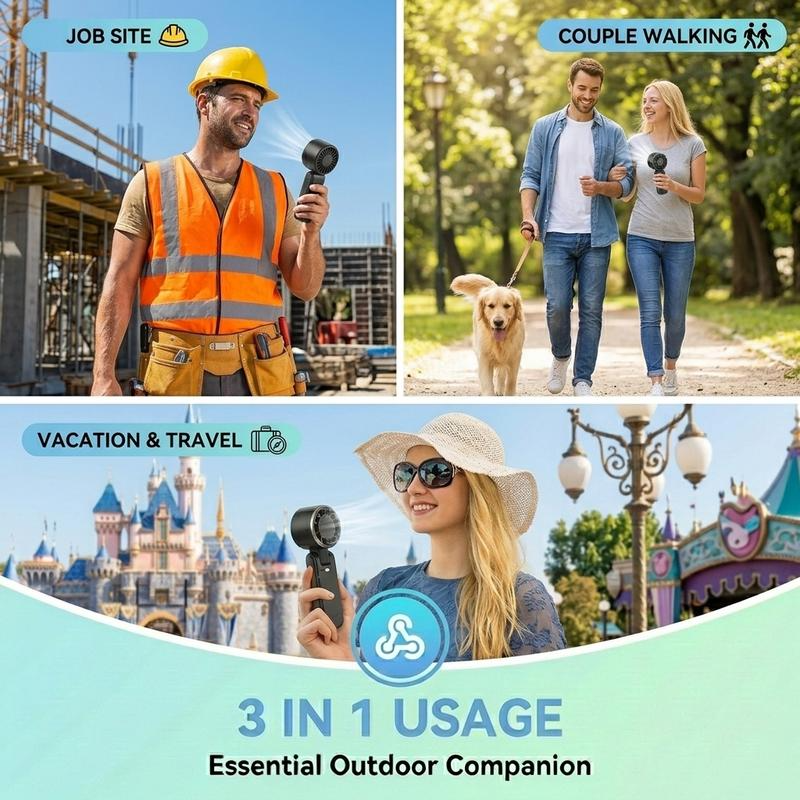 Portable turbo fan outdoor work travel and walking use cases
