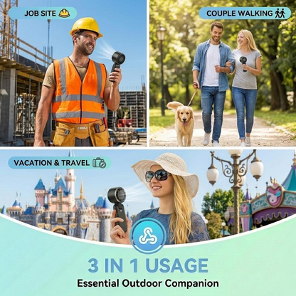 Portable turbo fan outdoor work travel and walking use cases