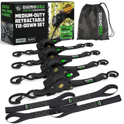 Black 4-pack retractable ratchet tie-down straps with storage bag