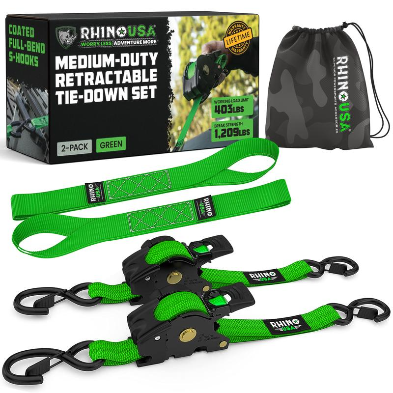 Green 2-pack retractable ratchet tie-down straps with storage bag