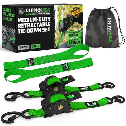 Green 2-pack retractable ratchet tie-down straps with storage bag