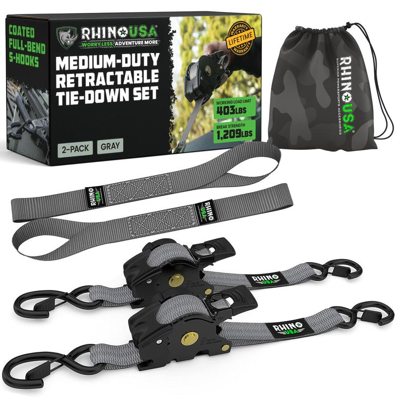 Gray 2-pack retractable ratchet tie-down straps with storage bag