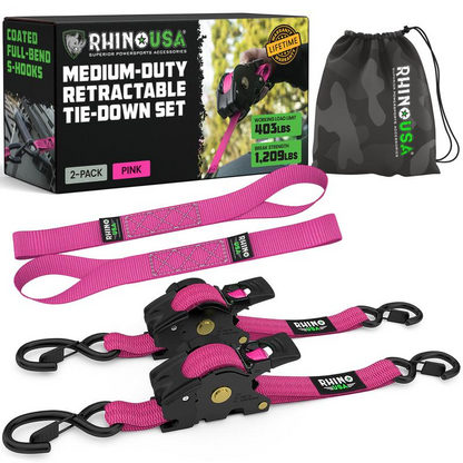 Pink 2-pack retractable ratchet tie-down straps with storage bag
