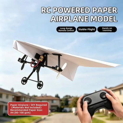 Folded paper airplane connected to RC motor module