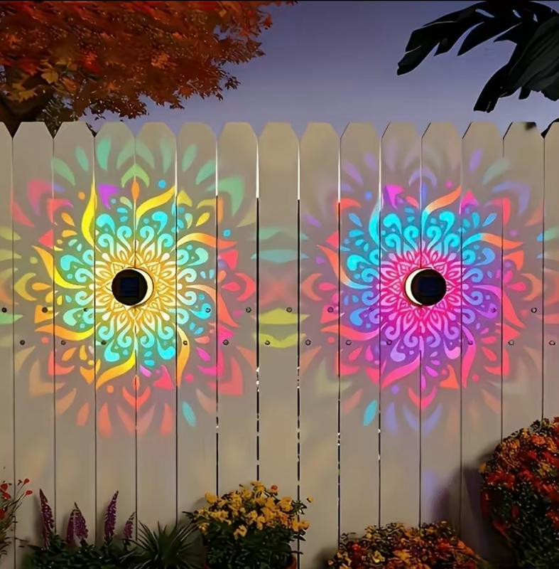 Solar Mandala Wall Lights on outdoor fence