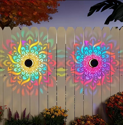 Solar Mandala Wall Lights on outdoor fence